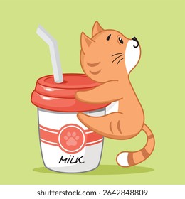 Funny cat drinking milk, drink, milk, hungry, delicious, funny cat, cute character, fat, thick, losing weight, diet, relaxing, rest, hobby, red, animal, pet, domestic animal, fluffy, food