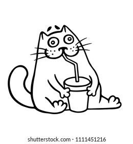 Funny cat drinks a cola from tube. Cute cartoon pet character. Vector illustration.