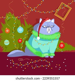 A funny cat dropped a Christmas tree with balls, garland and serpentine. Merry Christmas greeting card with a cute cat. Vector illustration.