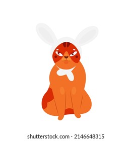 Funny cat in easter rabbit ears. Playing with domestic pet, bunny kitten cartoon illustration