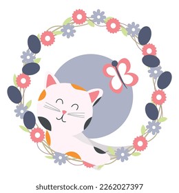 Gato gracioso con guirnalda de Pascua y mariposa sobre fondo blanco