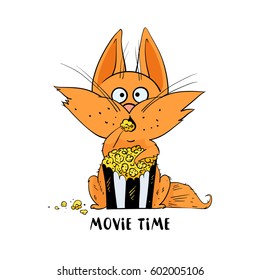 Funny cat eat popcorn and watching a movie. Cat in cartoon style. Vector illustration.