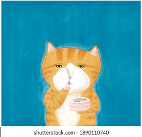 Funny Cat Eating Cake Illustration, 
Wall Paper, Poster.
