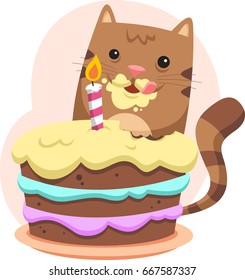 Funny Cat Eating Cake Illustration