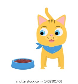 Funny cat eating. Cartoon little kitten with pet food in the bowl. Isolated vector illustration.