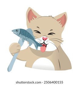funny cat eating a fish with a fork. vector illustration