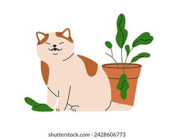 Funny cat eating leaf plant in pot. Cute naughty kitty chewing leaves, houseplant. Amusing playful evil feline animal, bad behavior. Comic flat vector illustration isolated on white background