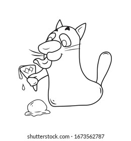 
Funny cat eats ice cream, and the ice cream ball fell.Vector illustration.Form for banners and postcards. coloring