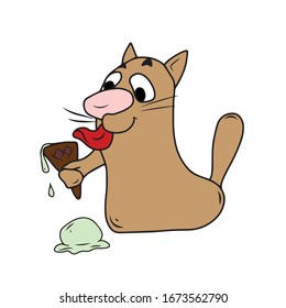 
Funny cat eats ice cream, and the ice cream ball fell.Vector illustration.Form for banners and postcards. 