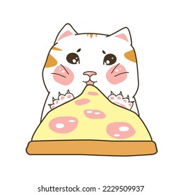 Funny cat eats pizza. The character is a fat kitten.