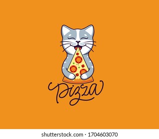 The funny cat eats pizza, logo. Kitty cartoon character, food logotype, badge, sticker, emblem on orange background with text. Vector illustration, flat, line art style, creative design