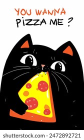 The funny cat eats pizza, you wanna pizza me text. Kitty cartoon character, food logotype, badge, sticker, emblem on orange background with text. Vector illustration, flat, line art style, creative de