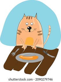 funny cat eats sausage on a plate