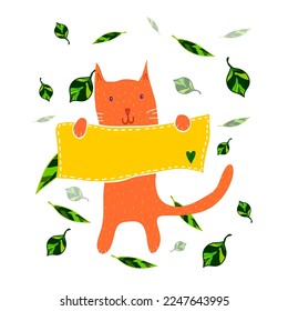 Funny cat with empty note board. Vector illustration. 