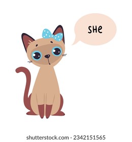 Funny Cat and English Subject Pronoun She Vector Illustration