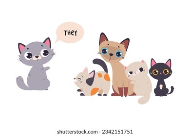 Funny Cat and English Subject Pronoun They Vector Illustration