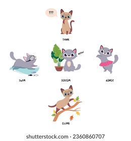 Funny Cat with English Verb for Educational Activity Vector Illustration Set