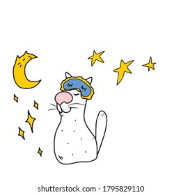 Funny cat with an eye patch is getting ready for bed .Vector children's design for greeting cards, banners.Sticker