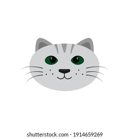 Funny cat face. Gray cat with green eyes. White background. Vector illustration.