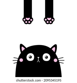 Funny cat face head silhouette. Hanging body paw print, tail. Black kitten. Cute kawaii animal. Baby card. Notebook cover. Sticker print. Cartoon pet character. Flat design. White background. Vector