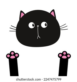 Funny cat face head silhouette. Pink paw print. Black kitten. Cute kawaii animal. Baby card. Notebook cover. Sticker print. Cartoon pet. Flat design. White background. Vector