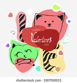 funny cat face and heart. Happy Valentine's Day.