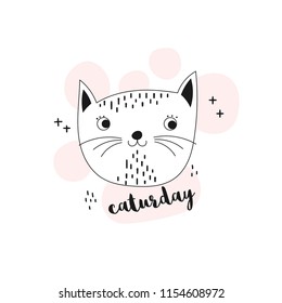 Funny cat face and inscription - caturday on a white background. Vector illustration for children.