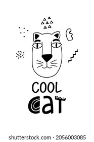 Funny Cat face poster with cute lettering in hand drawn style. Outline hand drawing. Perfect for t-shirt, apparel, cards, poster, nursery decoration. Isolated on white background vector illustration