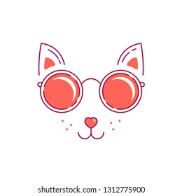 Funny cat face in sunglasses. Flat style line art illustration.
