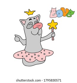 Funny cat fairy in a skirt and crown .Vector children's design for greeting cards, banners.Sticker