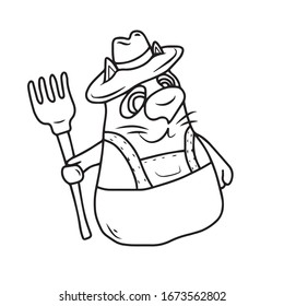 Funny cat farmer in overalls with a hat and a hay fork.Vector illustration.Form for banners and postcards.coloring
