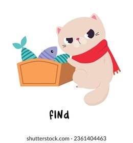 Funny Cat Find Fish as English Verb for Educational Activity Vector Illustration