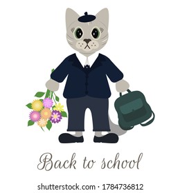 Funny cat first time going to school. Vector schoolboy illustration for design.
