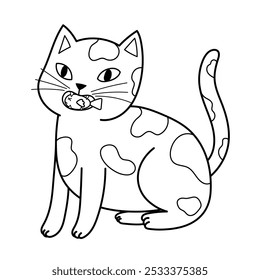 Gato engraçado com um peixe na boca em preto e branco. Personagem felino bonito comendo elemento isolado no contorno. Ótimo para colorir página, impressões e cartões. Ilustração vetorial