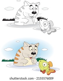 Funny cat and fish in the water