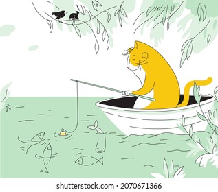 Funny cat fisherman catches fish while sitting in the boat. Flat vector color illustration.