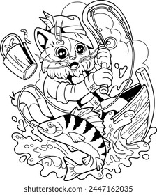 funny cat fisherman, coloring book illustration