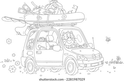 Funny cat fisherman going fishing in its small car with an inflatable boat, a tourist backpack and a tent on a trunk on summer vacation, black and white vector cartoon