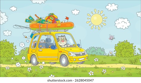 Funny cat fisherman going fishing in its small car with an inflatable boat, a tourist backpack and a tent on a trunk on fun summer vacations, vector cartoon illustration