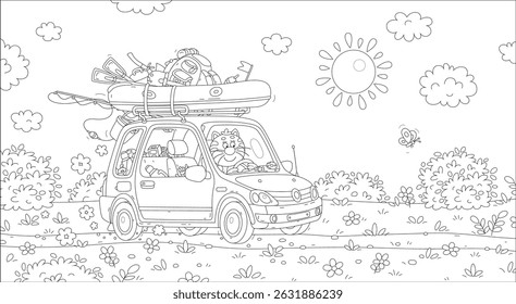 Funny cat fisherman going fishing in its small car with an inflatable boat, a tourist backpack and a tent on a trunk on fun summer vacations, black and white vector cartoon
