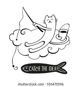 Funny cat is fishing on the cloud. Concept of the catching the idea. Children vector illustration on white. Cute character design for kids. Cartoon hand drawn style. Perfect for greeting card, poster.