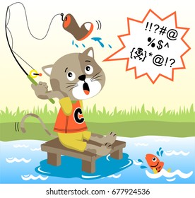 Funny cat fishing in river gets shoe, fish on water, vector cartoon illustration
