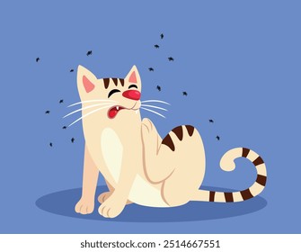 
Gato engraçado com pulgas arranhando ilustração de desenhos animados vetor. Hilário animal de estimação coceira por causa de picadas de insetos 
