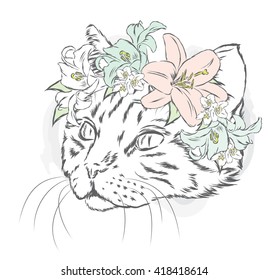 Funny cat in a flower wreath. Vector illustration.