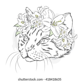Funny cat in a flower wreath. Vector illustration.