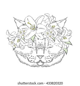 Funny cat in a flower wreath. Vector illustration for greeting card, poster, or print on clothes.