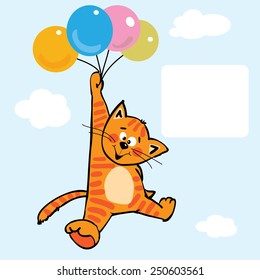Funny cat flying on balloons.