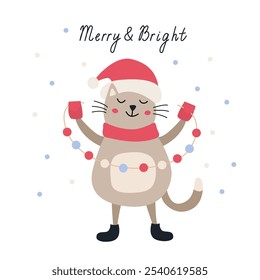 Funny cat with a garland wearing santa costume. Vector hand drawn flat style Christmas illustration. Merry and bright lettering.  Xmas Card with greetings.