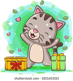 Funny cat get two gift of illustration