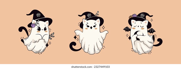 Funny cat ghost collection, cute cartoon characters for Halloween	